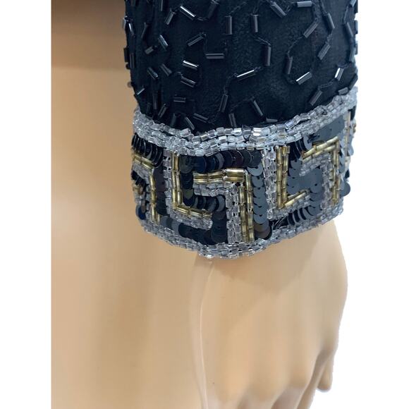 90s Y2K Black Heavily Beaded Silk Jacket Gold Silver Greek Key - Picture 6 of 10